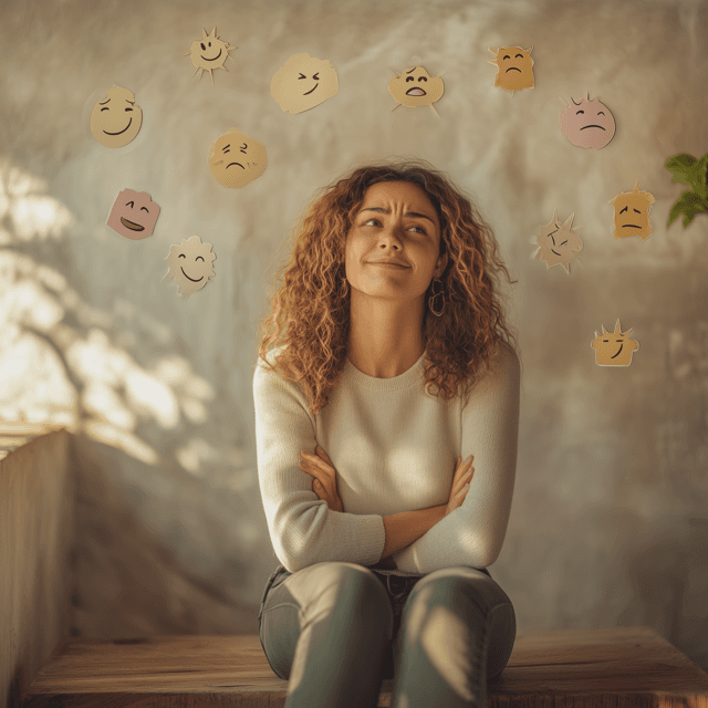 A person sitting calmly, surrounded by various emotion symbols