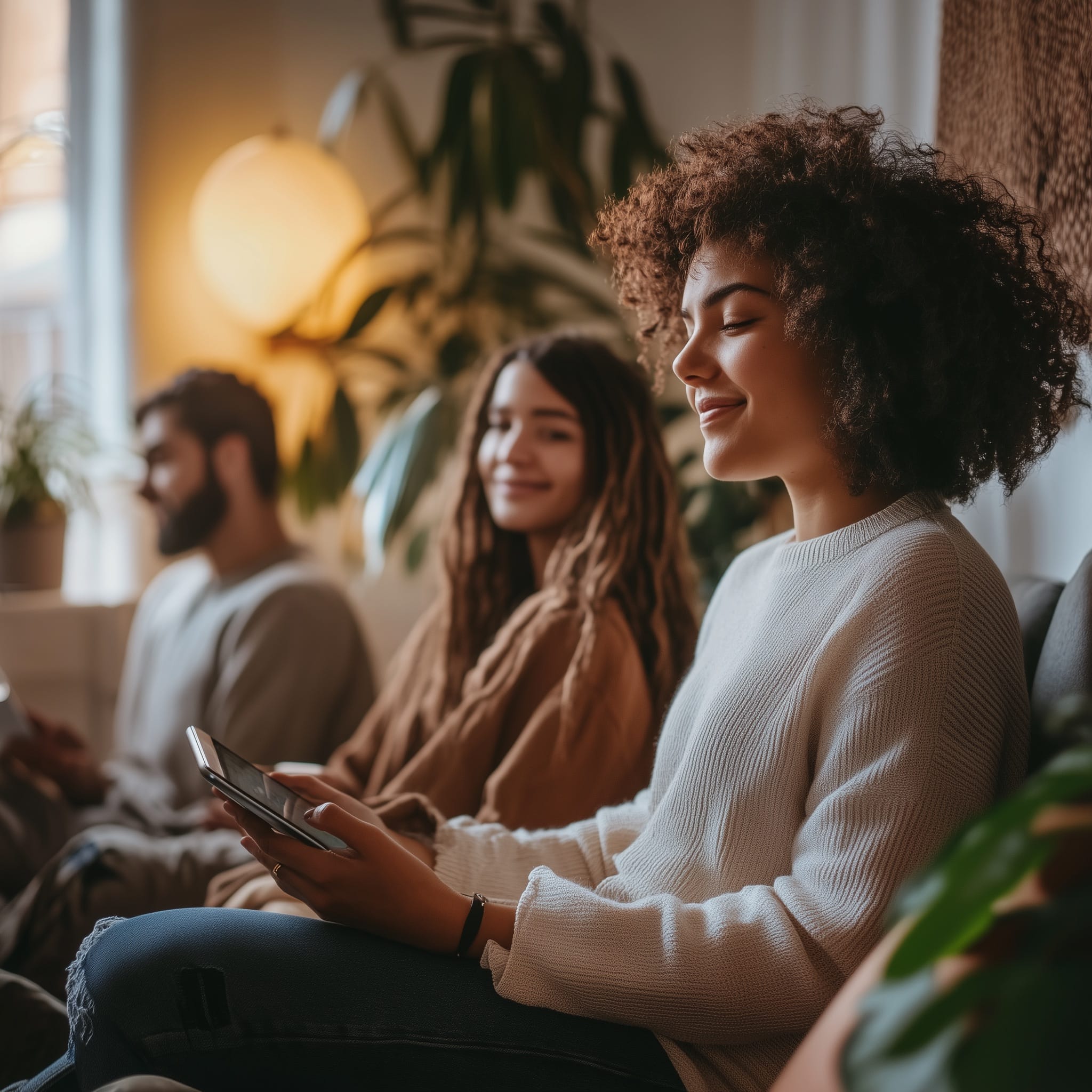 Multicultural group navigating digital devices